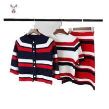 Women Knitwear Three-Piece Suit Stripe Pattern Coat T-Shirt Dress